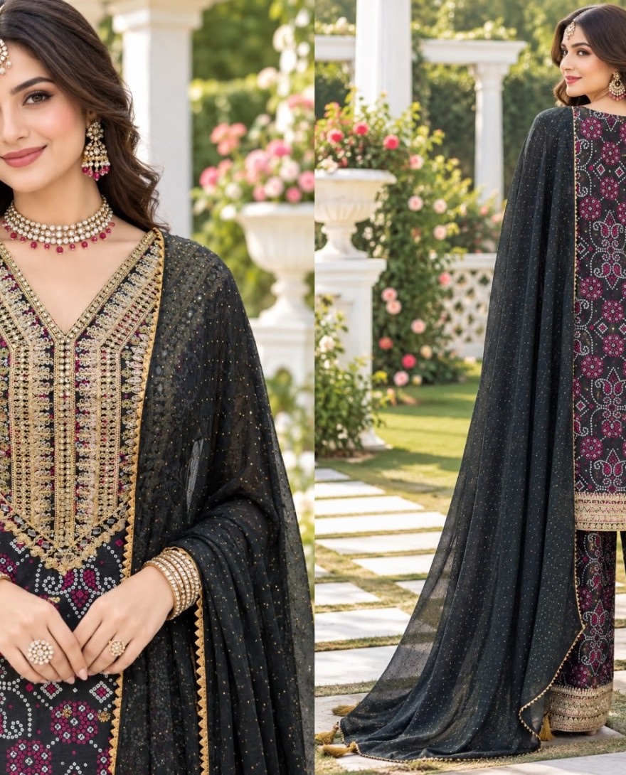 2192 - Black Chinon Embroidered and Print Work Salwar Suit